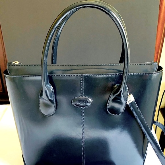 Italian Tod’s iconic D-bag large tote shoulder bag shiny real leather navy blue - Picture 5 of 16
